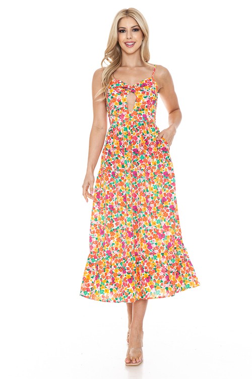 Woman wearing a colorful floral dress
