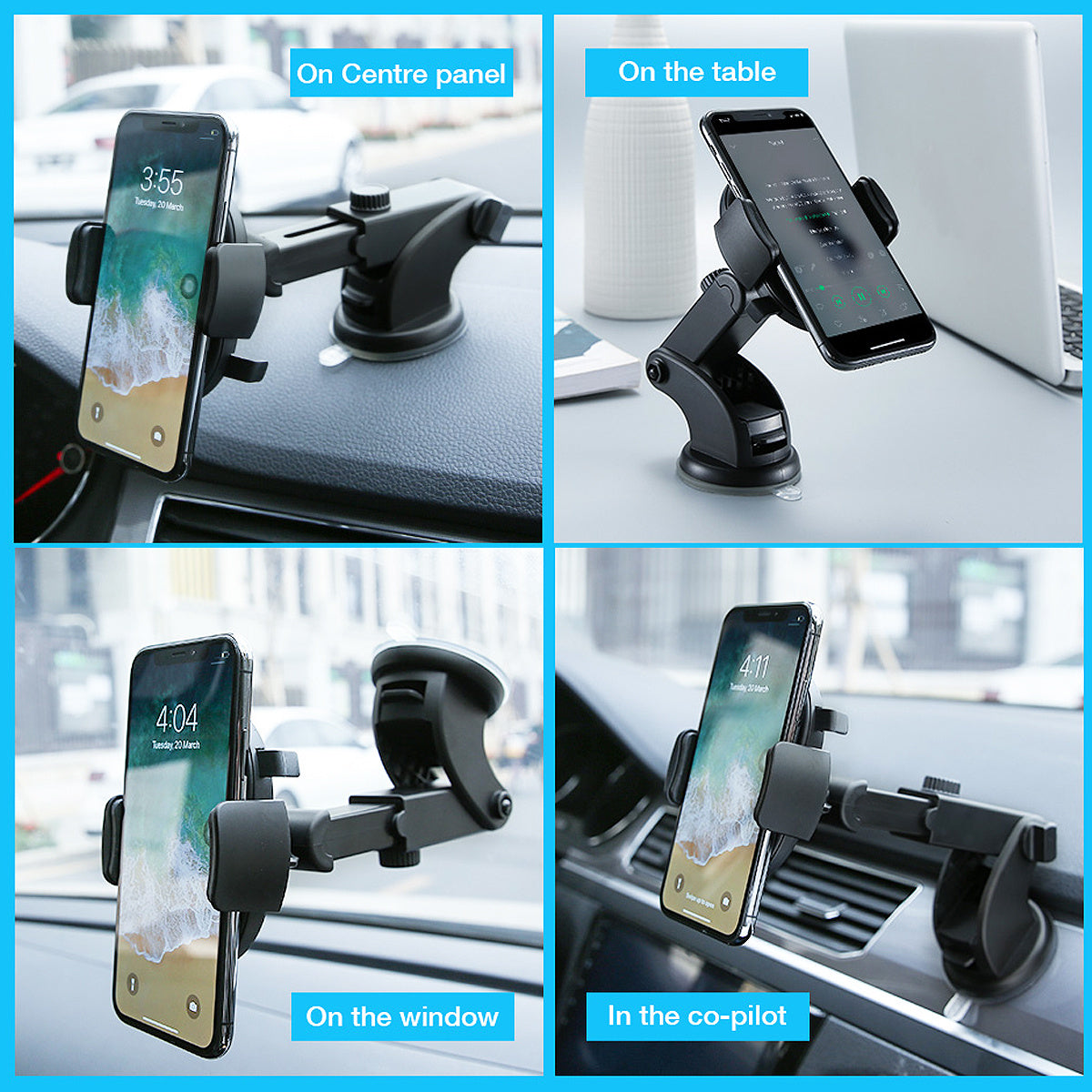 Phone holder in use on various surfaces including car dashboard, table, window, and co-pilot seat.