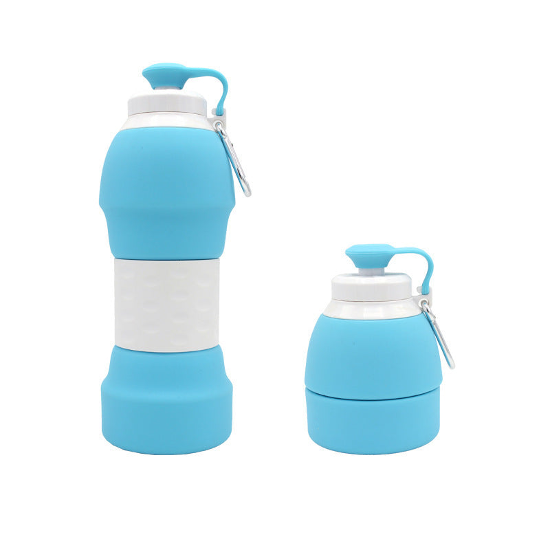 Two blue collapsible water bottles with white accents