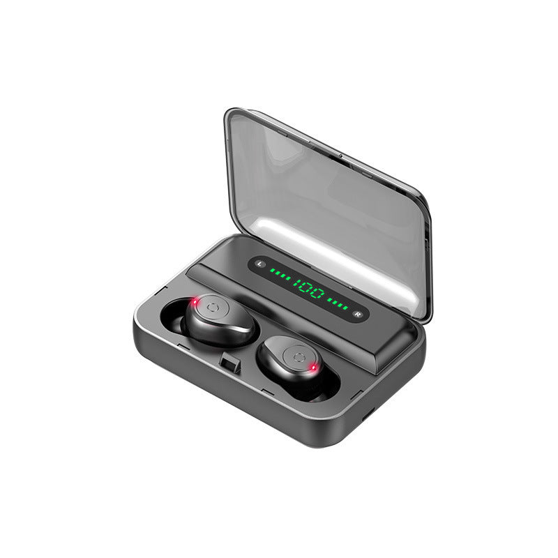 Black wireless earbuds with charging case