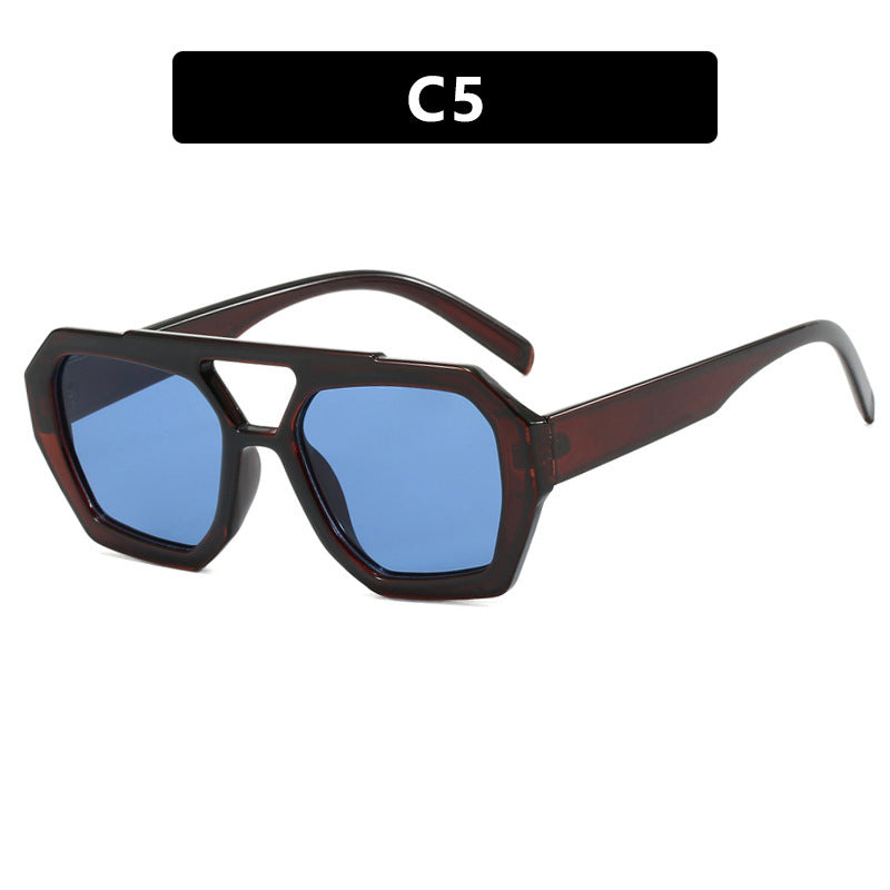 Sunglasses with blue lenses and brown frame