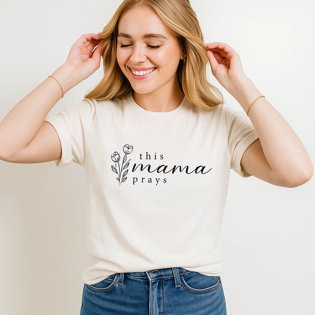 Bella Canvas This Mama Prays Christian mom tee