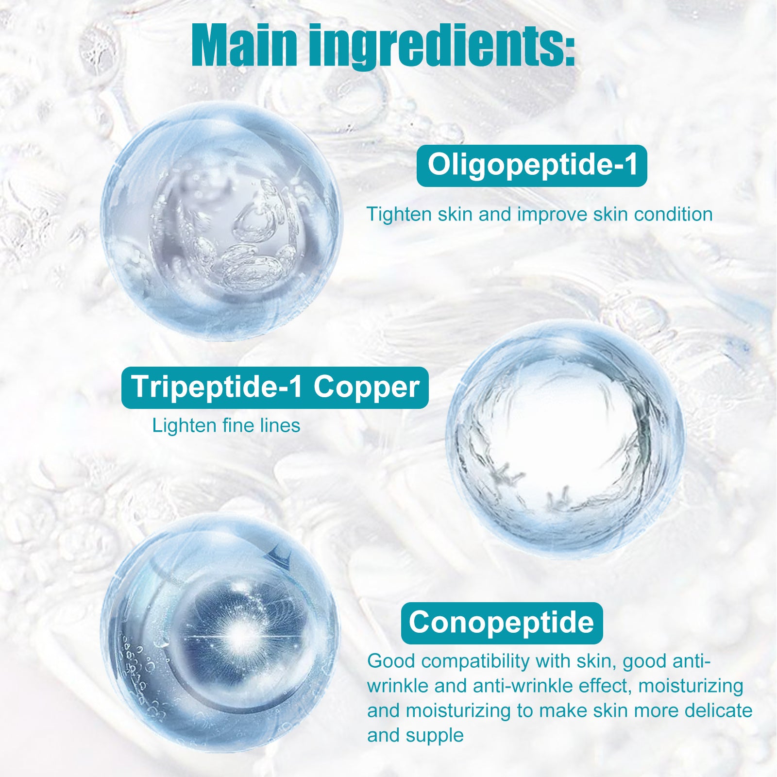 Cosmetic product with labeled main ingredients on a textured background