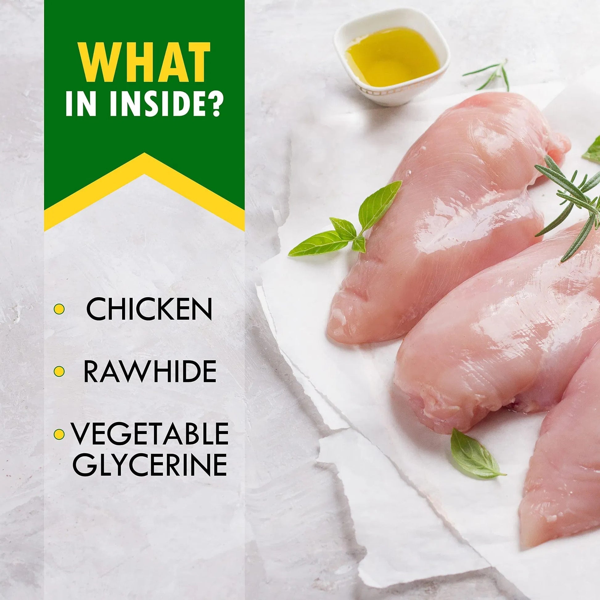 Raw chicken breasts with a container of vegetable glycerine on a marble surface, labeled with ingredients.
