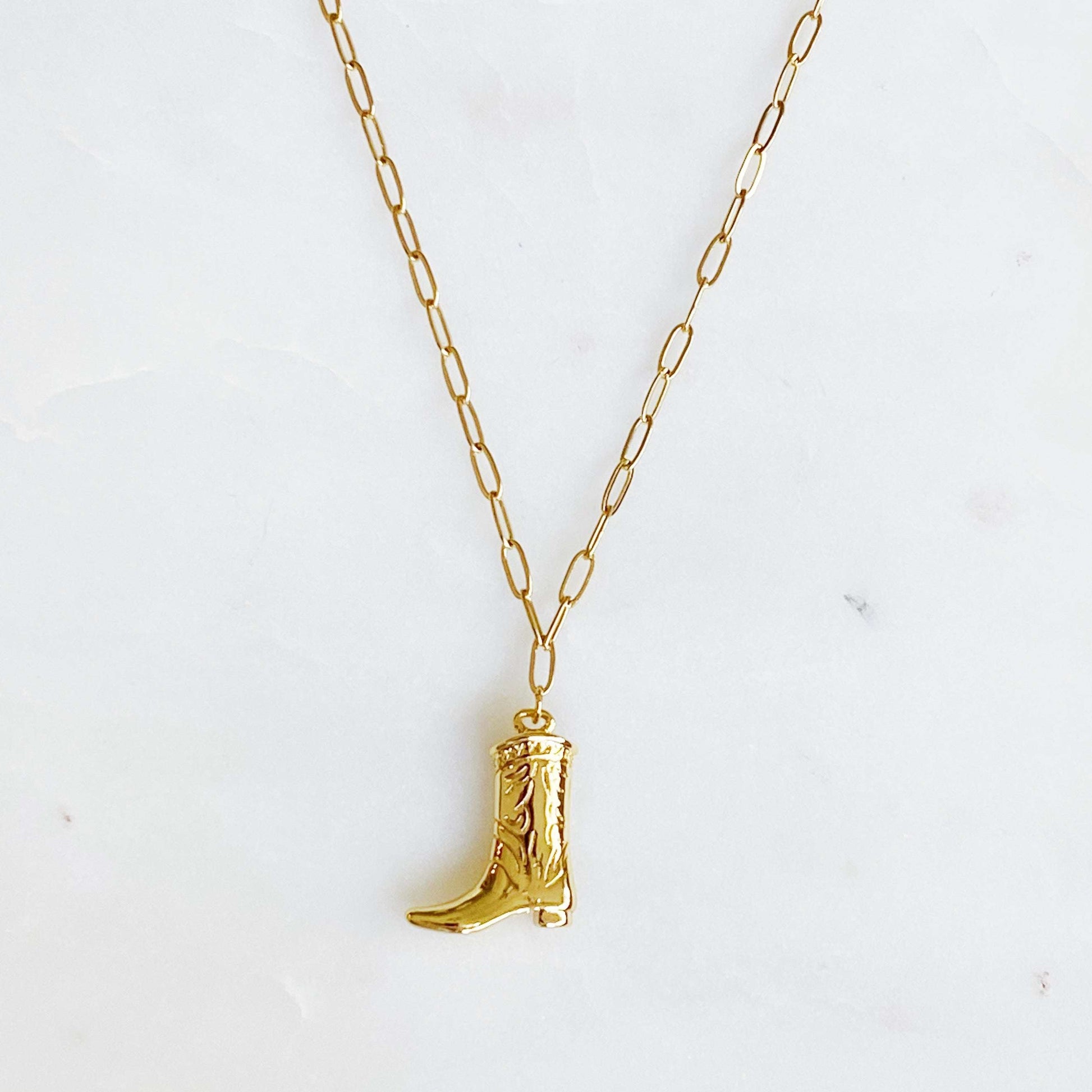 Golden Cowgirl Boot Necklace – Western Rodeo Charm Pendant Jewelry