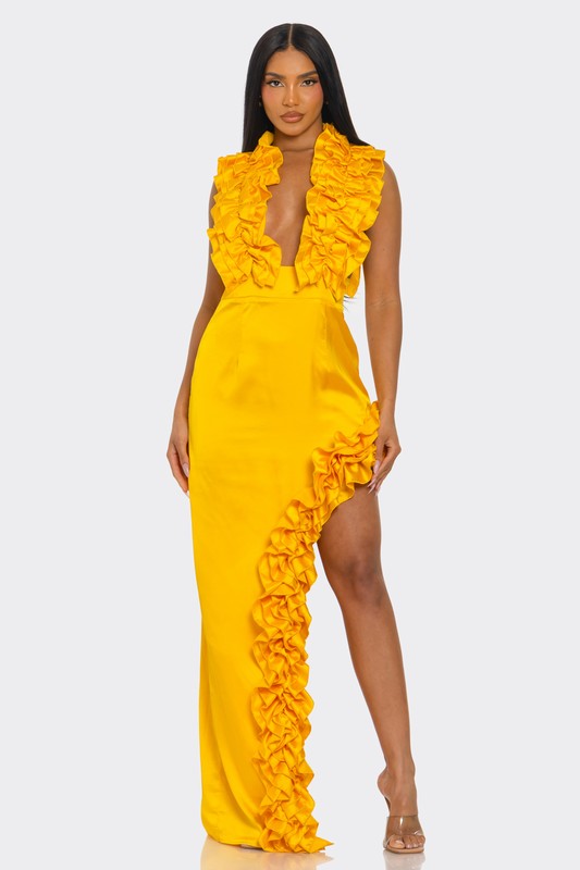 Golden Hour Ruffle Gown front view with deep V neckline