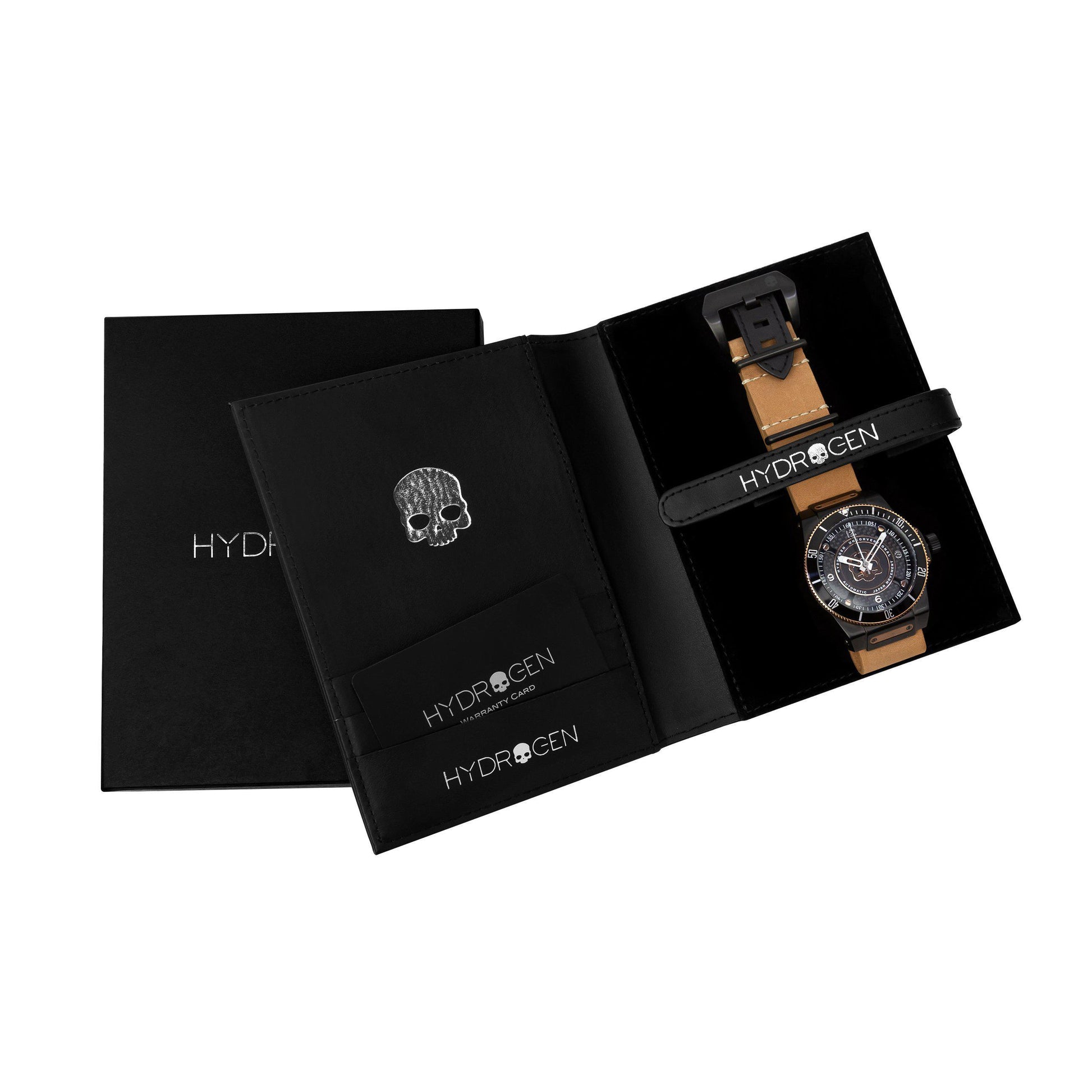 Watch with wooden strap in a black Hydrogen box on a white background