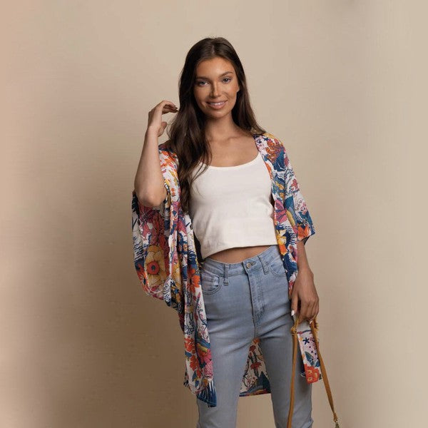 Happy Kimono Floral Open-Front Blouse , Sheer 3/4-Sleeve Relaxed Jacket
