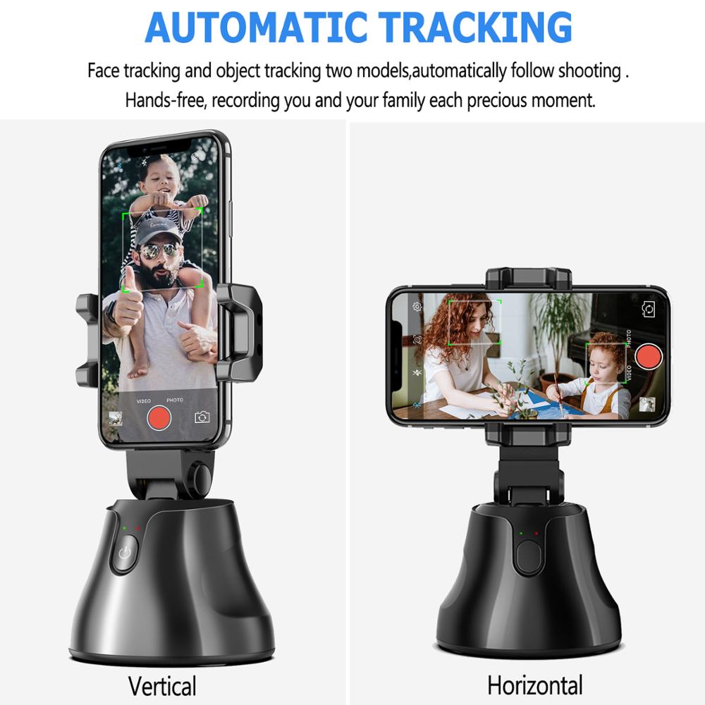 Phone holder with automatic tracking feature showing vertical and horizontal views.