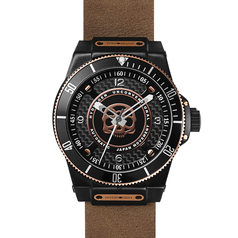 Hydrogen Sportivo Black Brown NATO – 42 mm Automatic Watch with Rose‑Gold Skull Dial