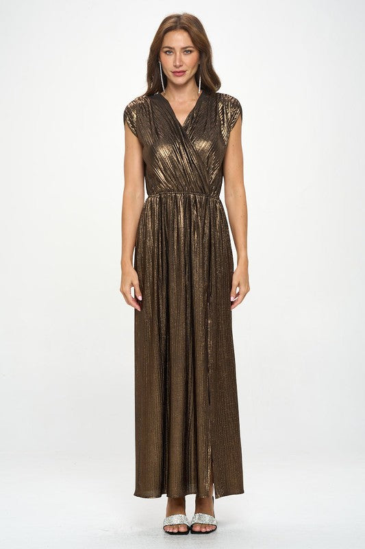 Made‑in‑USA Sleeveless Metallic V‑Neck Maxi Dress, Prom & Wedding Guest Glam Gown