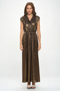 Made‑in‑USA Sleeveless Metallic V‑Neck Maxi Dress, Prom & Wedding Guest Glam Gown