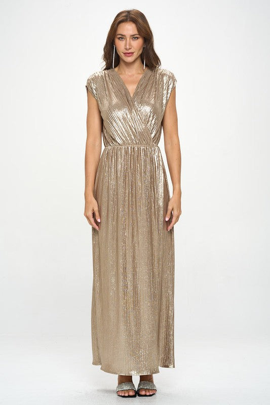 Made‑in‑USA Sleeveless Metallic V‑Neck Maxi Dress, Wedding Guest & Prom Fashion