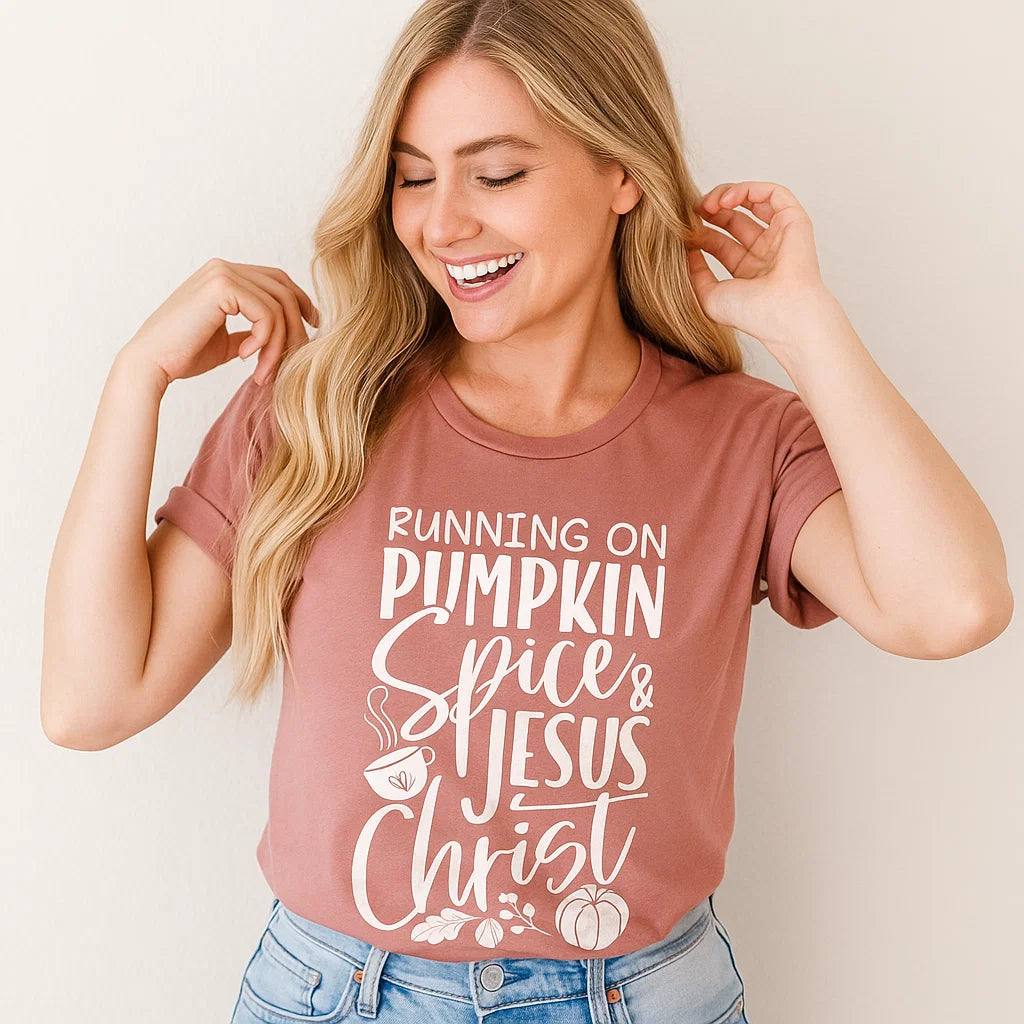 Running on Pumpkin Spice & Jesus Christ Bella Canvas 3001 tee