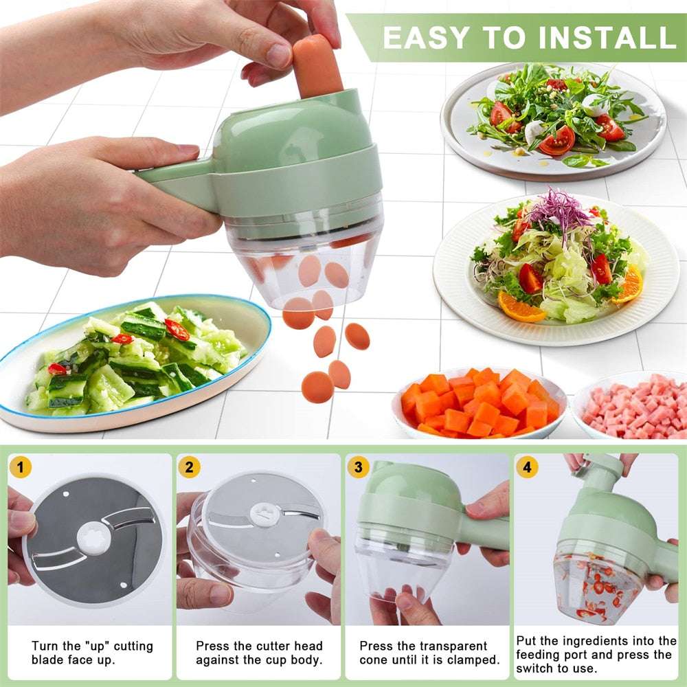 Portable 4-in-1 Electric Vegetable Slicer – Handheld Food Chopper, Grater, Shredder & Julienne Cutter