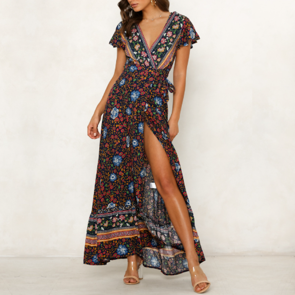 Women’s Floral Wrap V‑Neck Maxi Dress | Beach & Casual Summer Wear