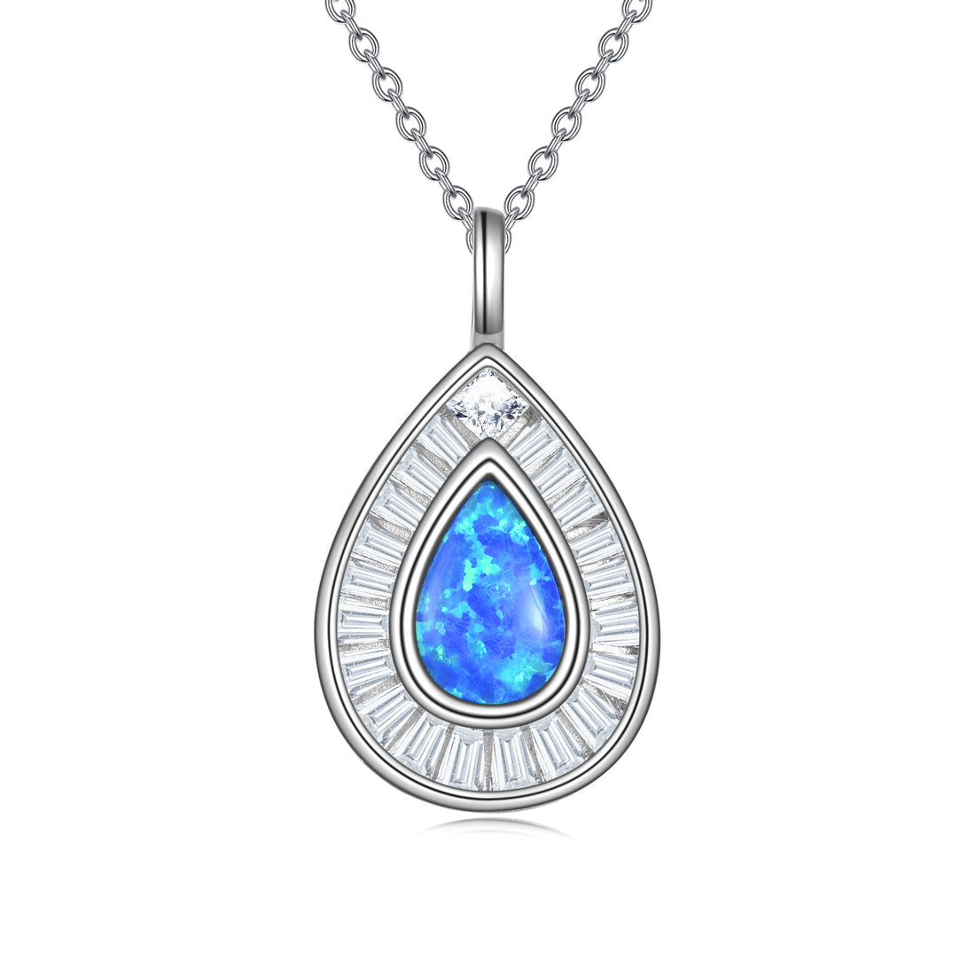 Sterling Silver Blue Opal & Austrian Crystal Teardrop Necklace – 18″ Chain