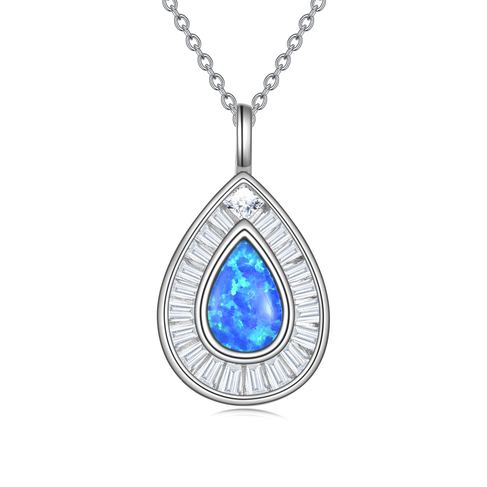 Sterling Silver Blue Opal & Austrian Crystal Teardrop Necklace – 18″ Chain