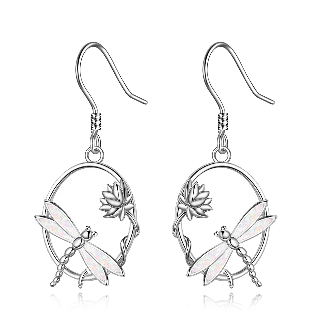 Sterling Silver Dragonfly Opal Dangle Earrings – White Gold Plated, 9.9mm x 31.9mm