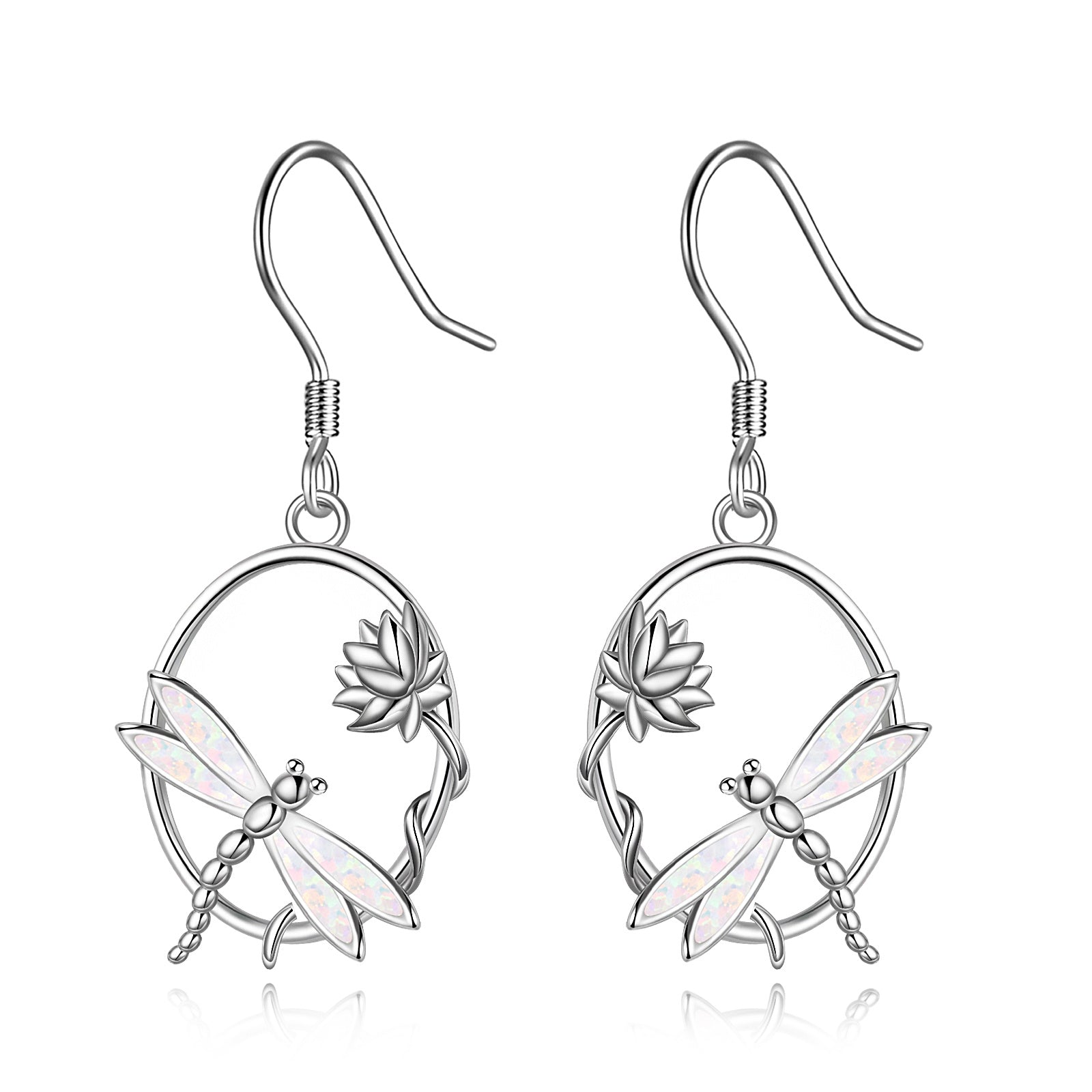 Sterling Silver Dragonfly Opal Dangle Earrings – White Gold Plated, 9.9mm x 31.9mm