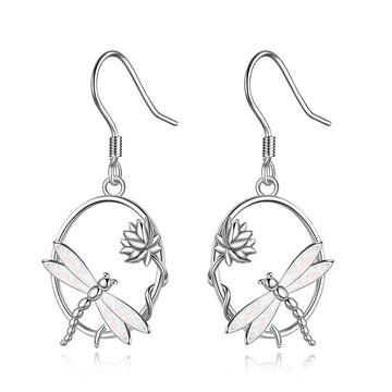 Sterling Silver Dragonfly Opal Dangle Earrings – White Gold Plated, 9.9mm x 31.9mm