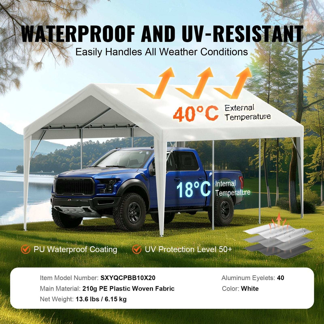 VEVOR Carport Replacement Canopy Cover 10 X 20 Ft, Garage Top Tent Shelter Tarp Heavy-Duty Waterproof & UV Protected, Easy Installation With Ball Bungees,White Only Top Cover, Frame Not Include