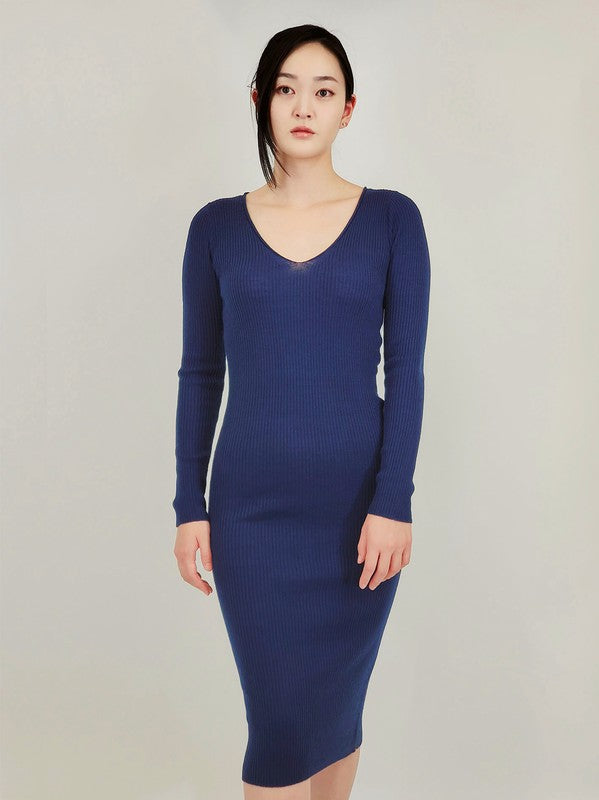 V‑Neck Sheer Ribbed Knit Sweater Dress, Fitted Long‑Sleeve Midi for Fall & Winter