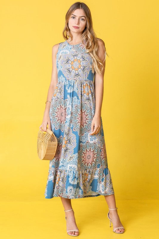 Women’s Sleeveless Medallion Print Ruffled-Hem Tea‑Length Dress. Made in USA Tiered Midi
