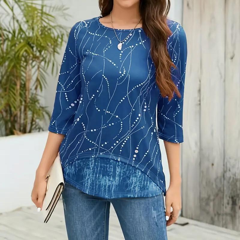 Ladies half sleeve digital printed round neck asymmetric t-shirt front

