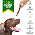 Dog looking at a treat with product features listed