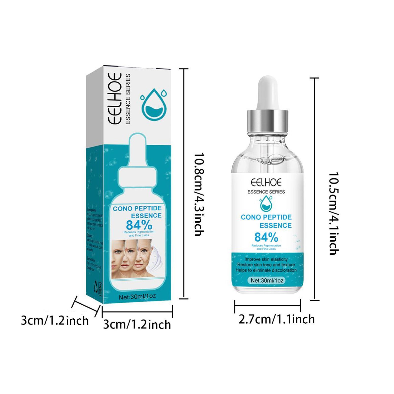 Eelhoe Cono Peptide Essence bottle and packaging with dimensions on a white background