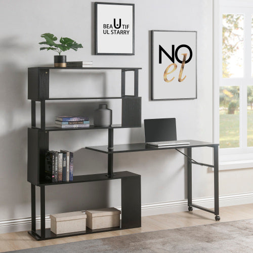L-Shaped Home Office Computer Desk – Rotating Corner Table with 5-Tier Bookshelf & Lockable Casters