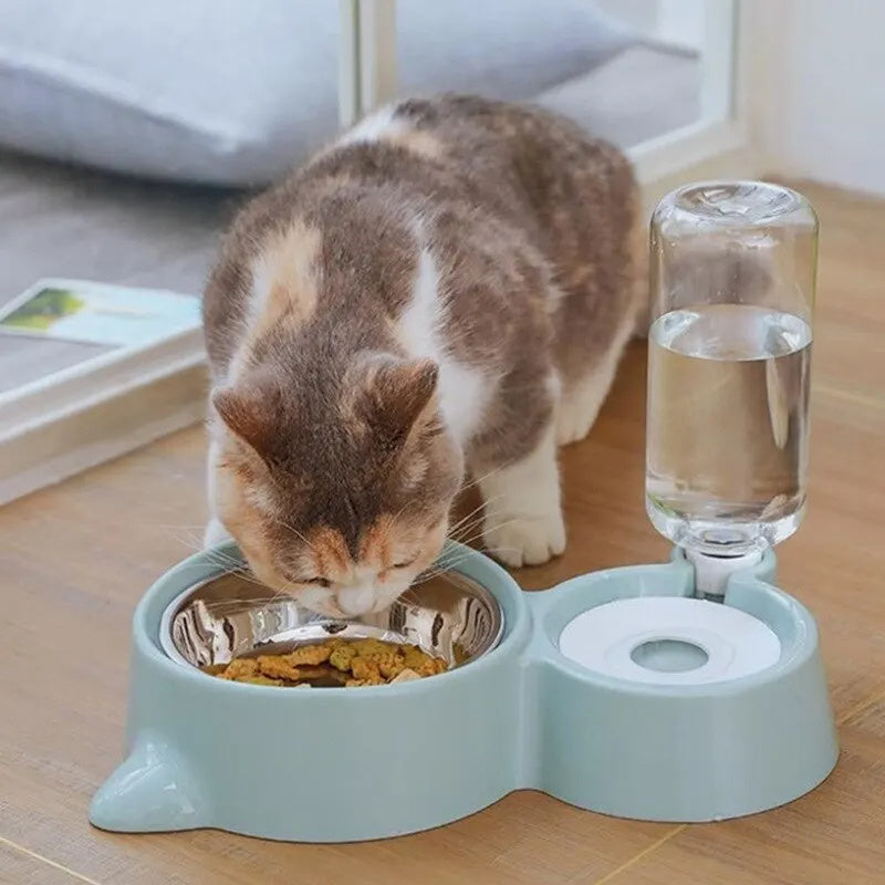 Blue automatic stainless steel pet feeder bowl with gravity water dispenser