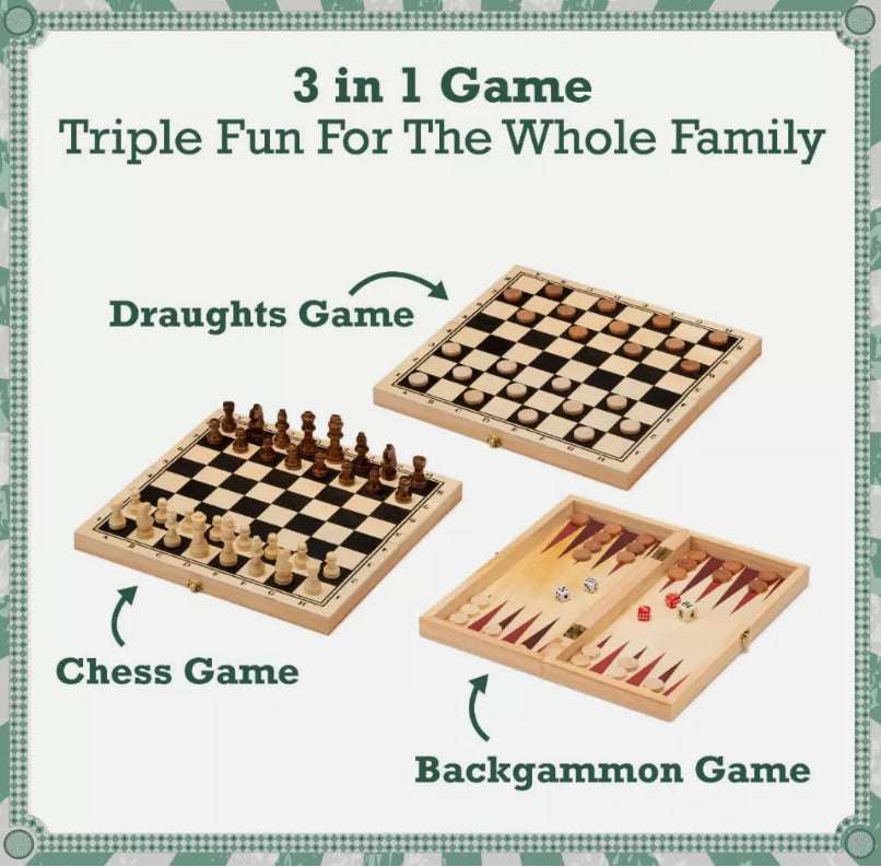 3 In 1 Wooden Chess Set Folding Chess Pieces Wooden Chess Board Family Toy