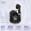 Black wireless earbuds with charging case on a white background, displaying features and specifications.