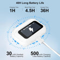 White charging case with battery display on a light blue background, showing battery life and capacity details.