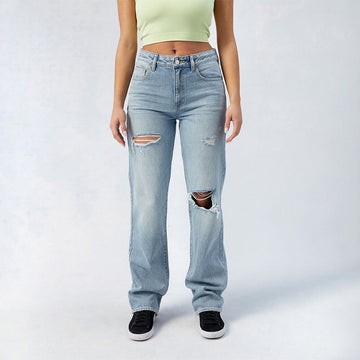 Women's High-Waist Jeans, Wide-Leg Full-Length Jeans With Center Pleat, Cotton Denim For All Seasons