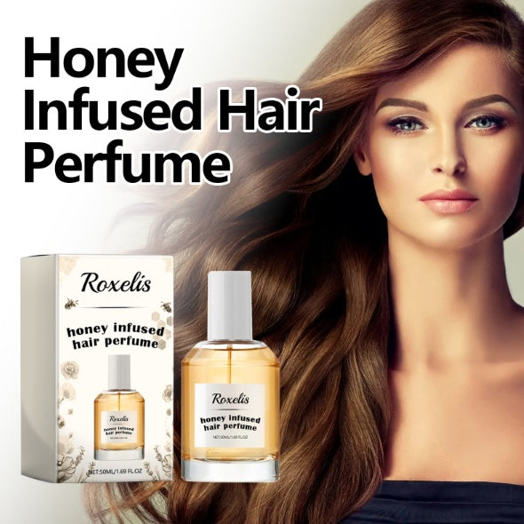 Honey infused hair perfume with a model and product packaging on a light background