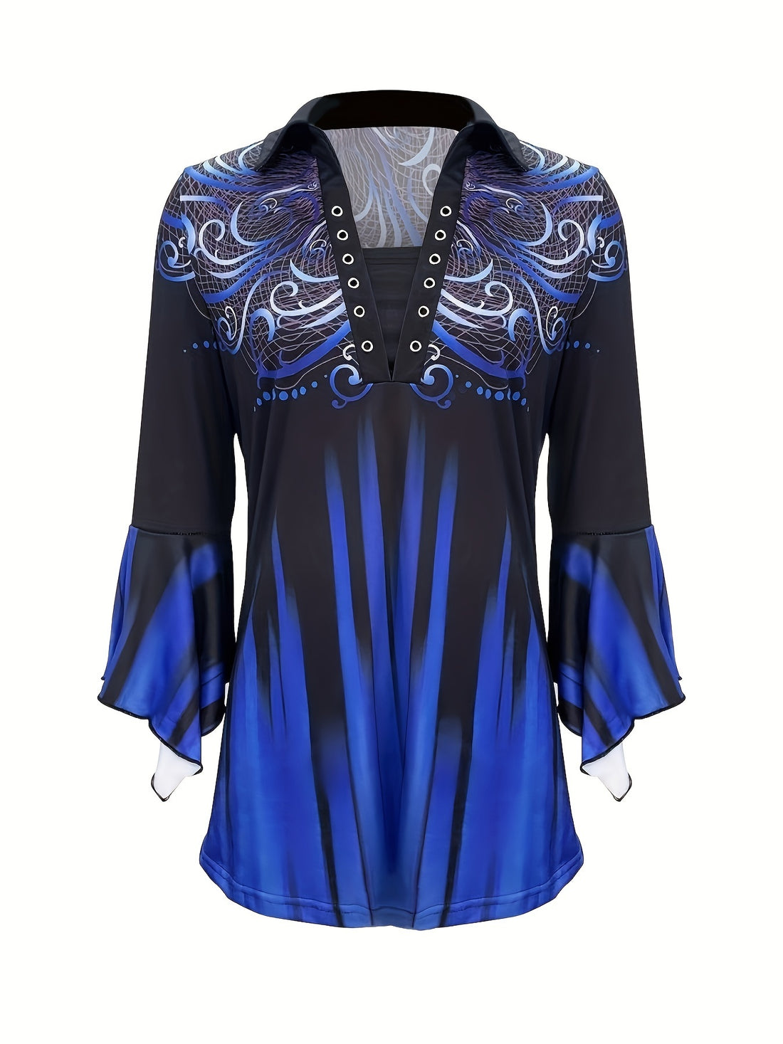 Spring autumn printed lapel blue three-quarter sleeve t-shirt front

