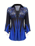 Spring autumn printed lapel blue three-quarter sleeve t-shirt front

