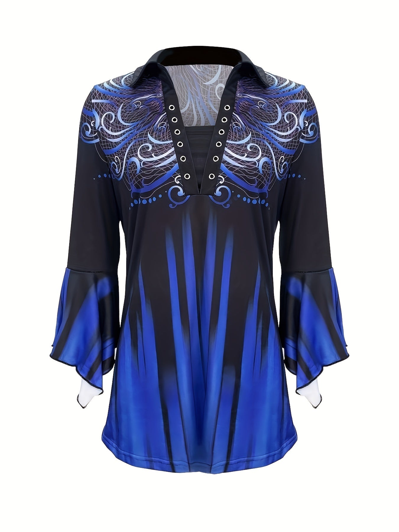 Spring autumn printed lapel blue three-quarter sleeve t-shirt front

