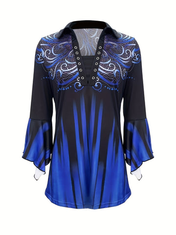 Spring autumn printed lapel blue three-quarter sleeve t-shirt front

