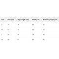 Size chart for clothing measurements including bust, top length, waist, and bottoms length.