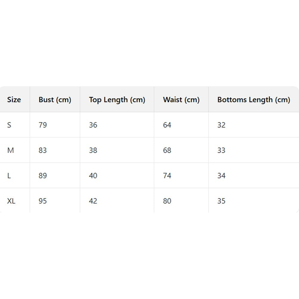 Size chart for clothing measurements including bust, top length, waist, and bottoms length.