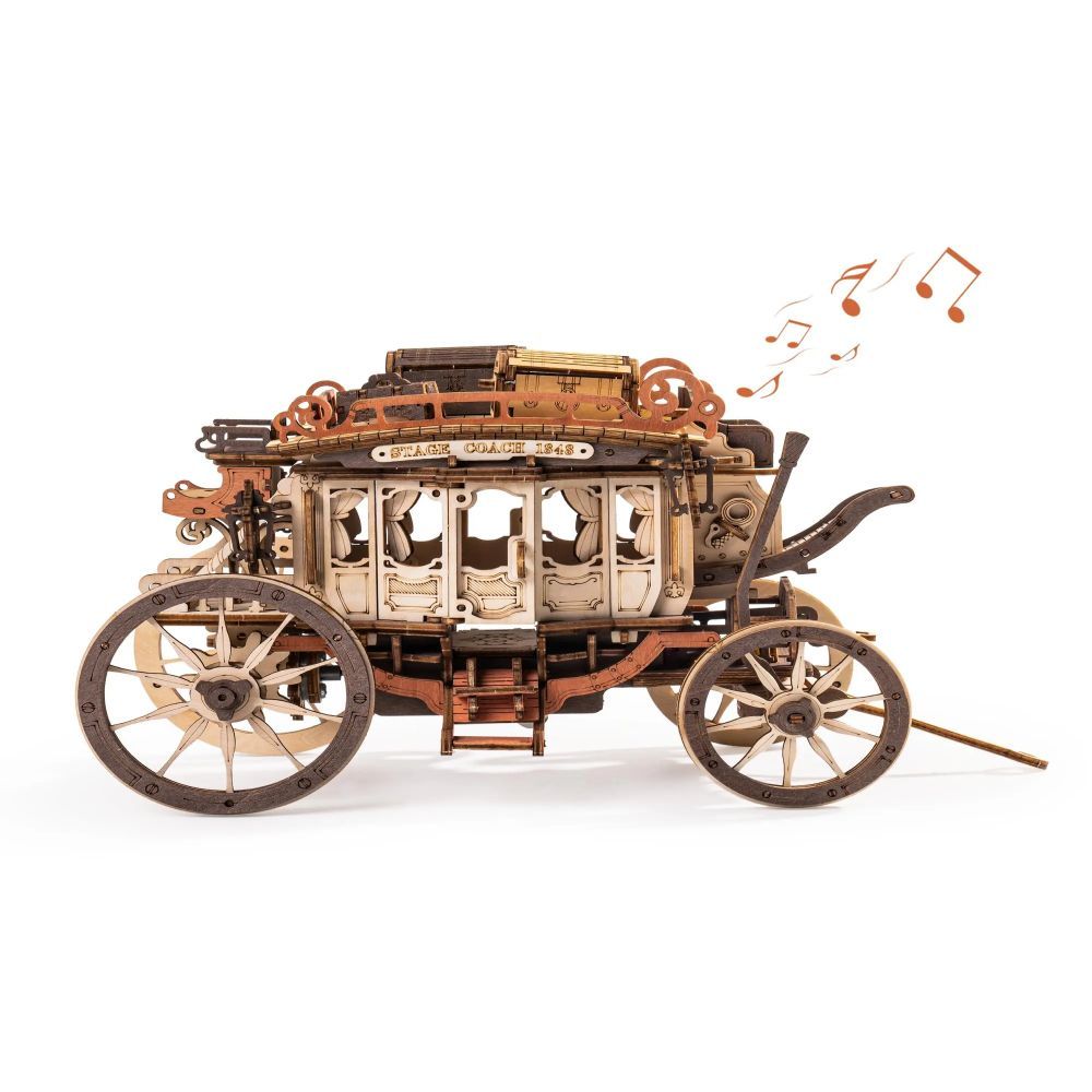 Robotime Rokr Stagecoach Music Box - 3D Wooden Puzzle for Adults - Wild West Model Kit with Wind-Up Action, Music & Hidden Compartments