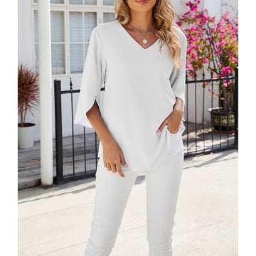 Women's Chiffon Blouses 3 4 Sleeve Summer Dressy Tunic Tops Casual Loose V Neck T-Shirts