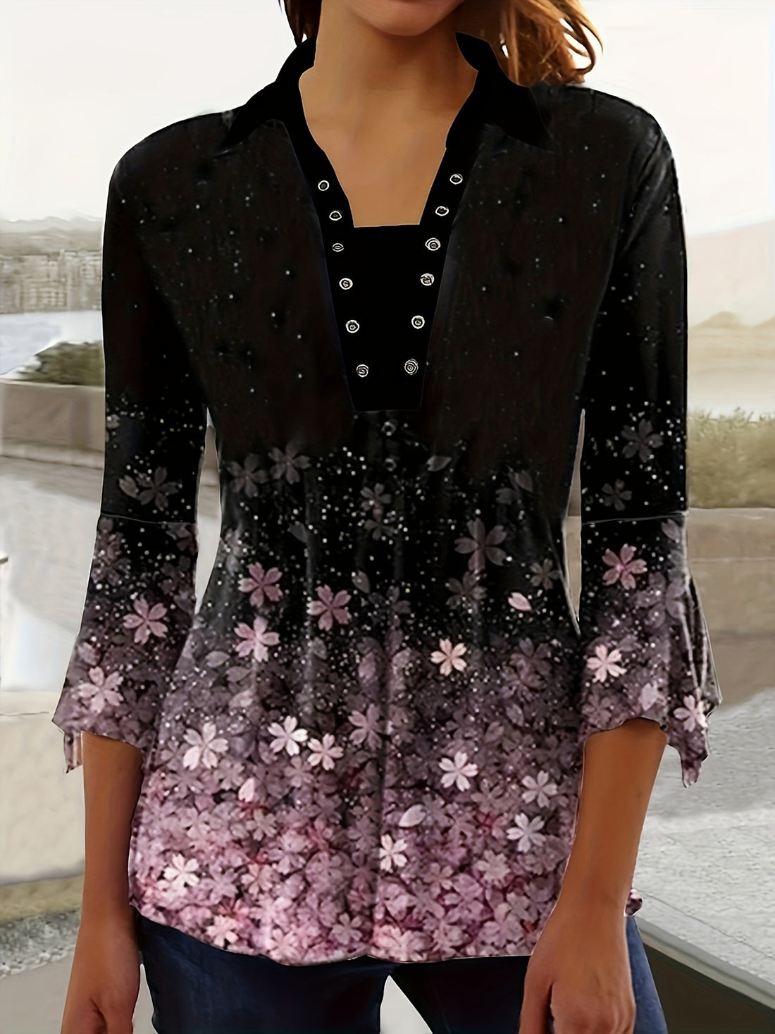 Spring autumn printed lapel three-quarter sleeve t-shirt front view

