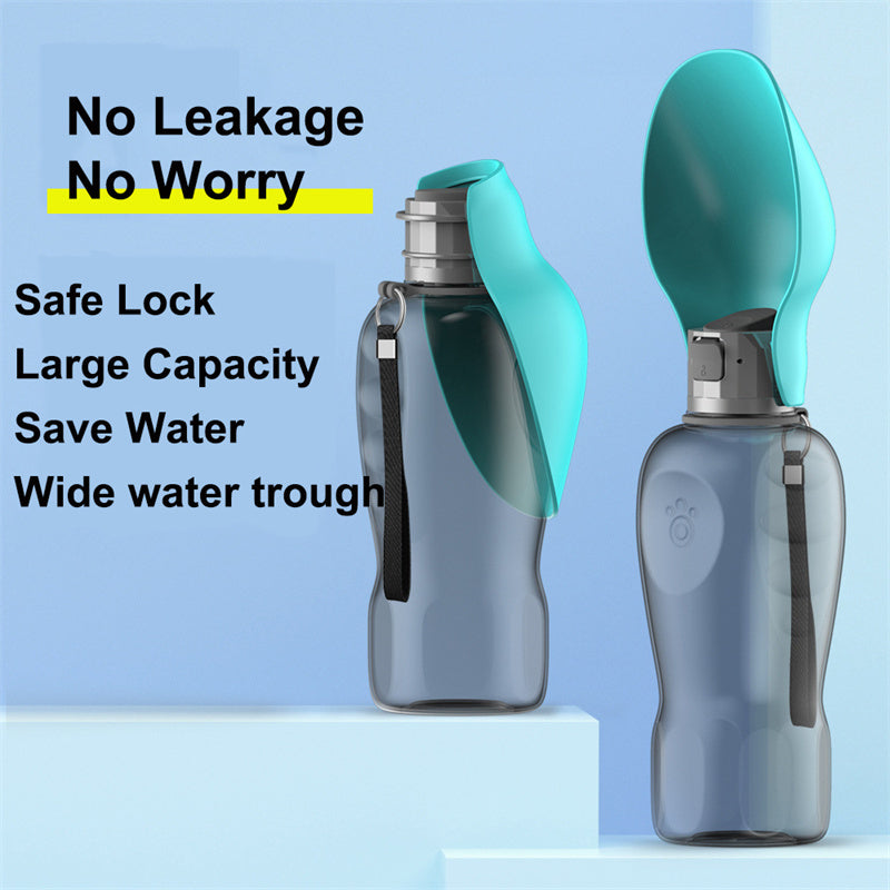 Two water bottles with a spoon attachment on a light blue background, featuring text about bottle features.