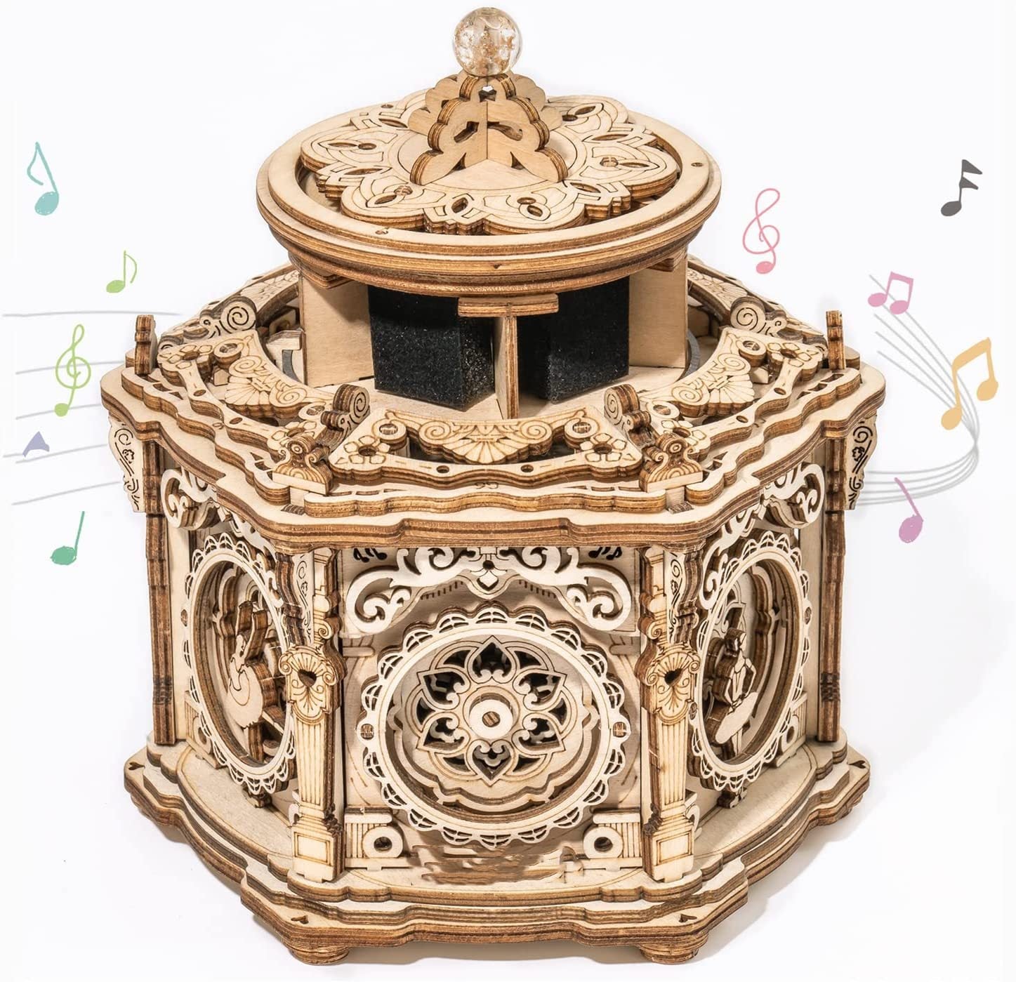 Finished ROKR Secret Garden mechanical music box with intricate carvings