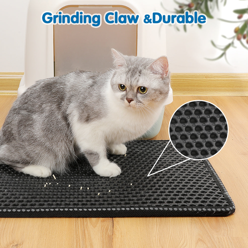 Cat sitting on a black mat with 'Grinding Claw & Durable' text and a close-up of the mat's texture.